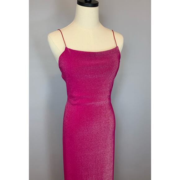 Vtg 90s Y2K City Triangles Open Back Strappy Hot Pink Metallic Bodycon Dress Med - Picture 10 of 17